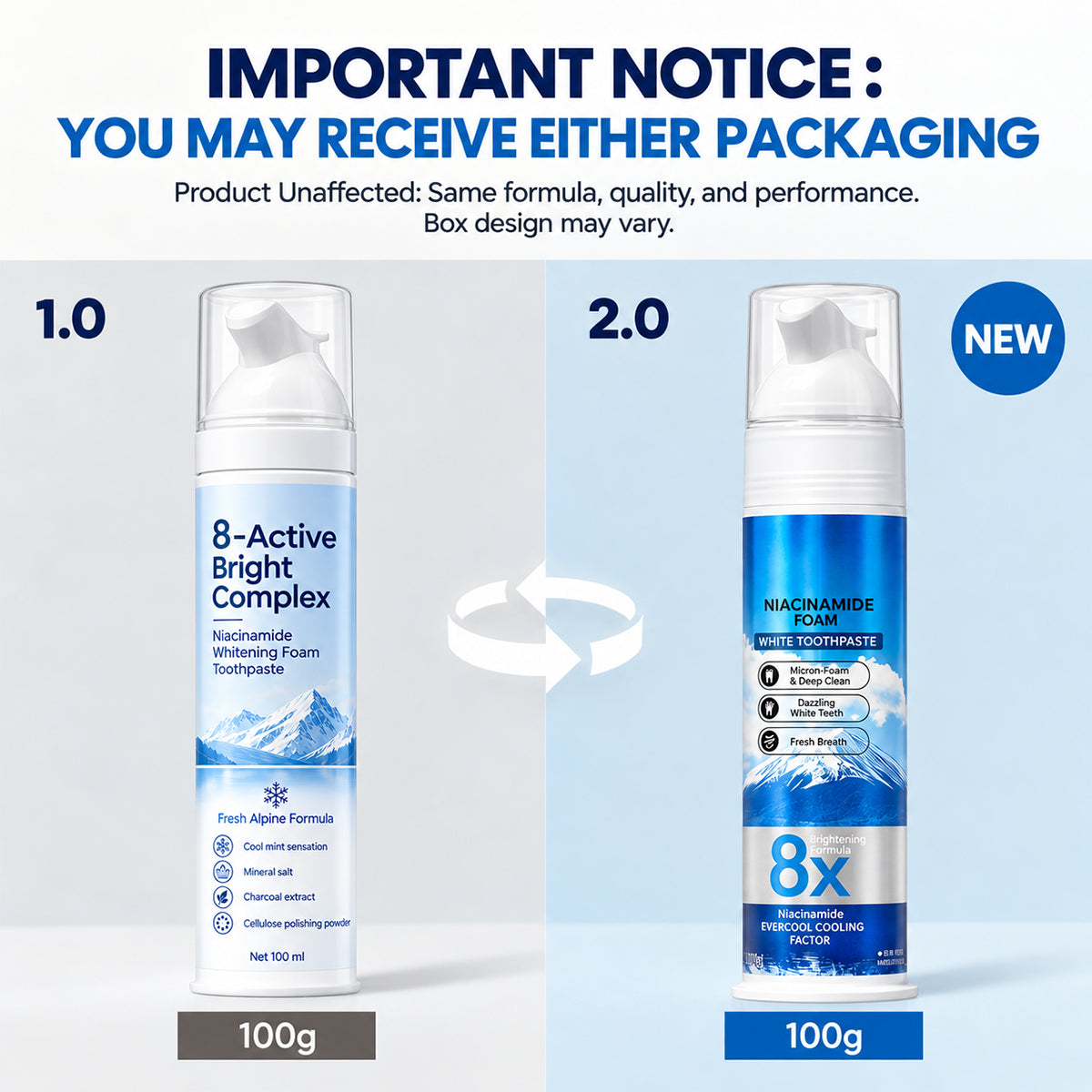 Niacinamide Foaming Whitening Toothpaste 8X - Fresh Breath Stain Removal Gentle Teeth Cleaning 100ml