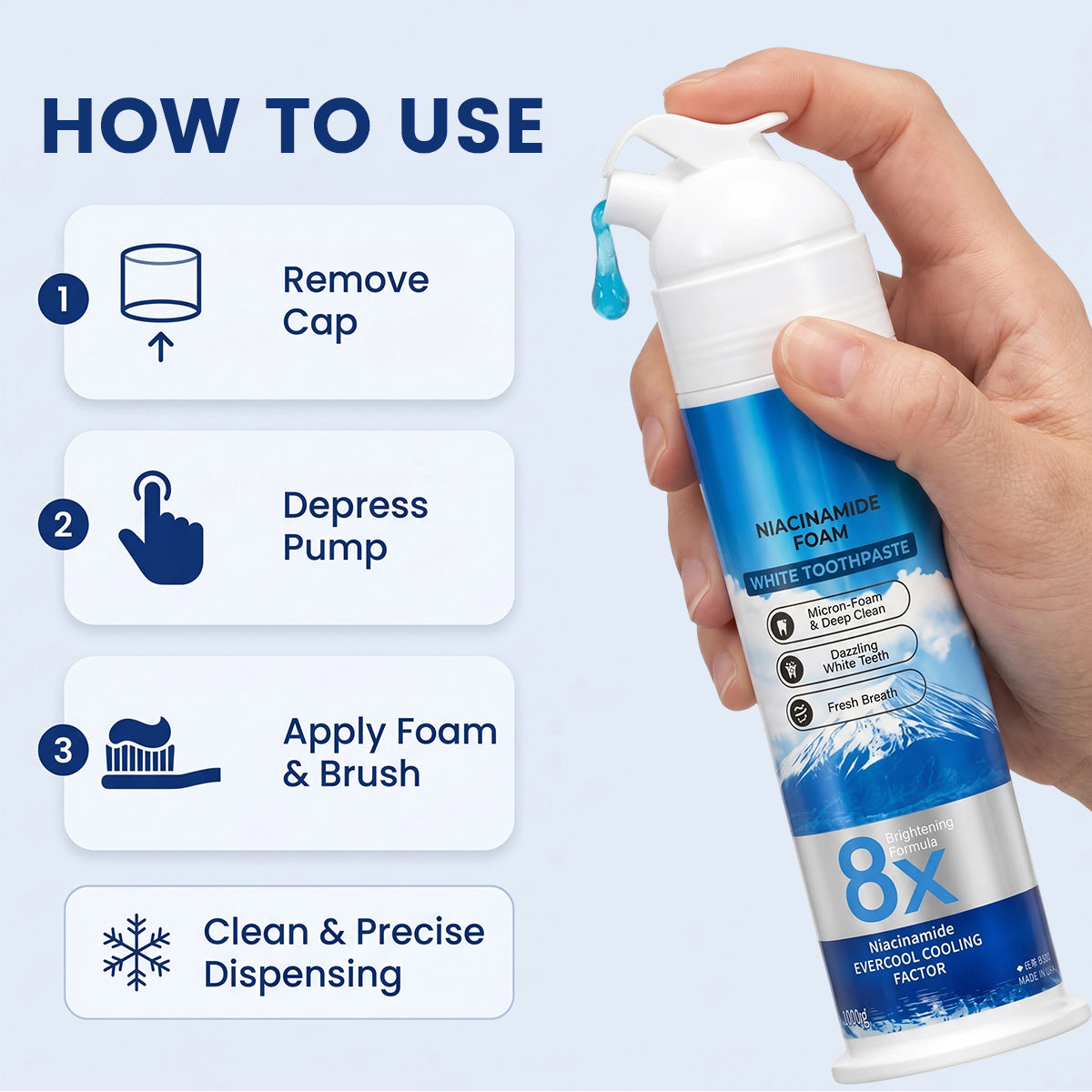 Niacinamide Foaming Whitening Toothpaste 8X - Fresh Breath Stain Removal Gentle Teeth Cleaning 100ml